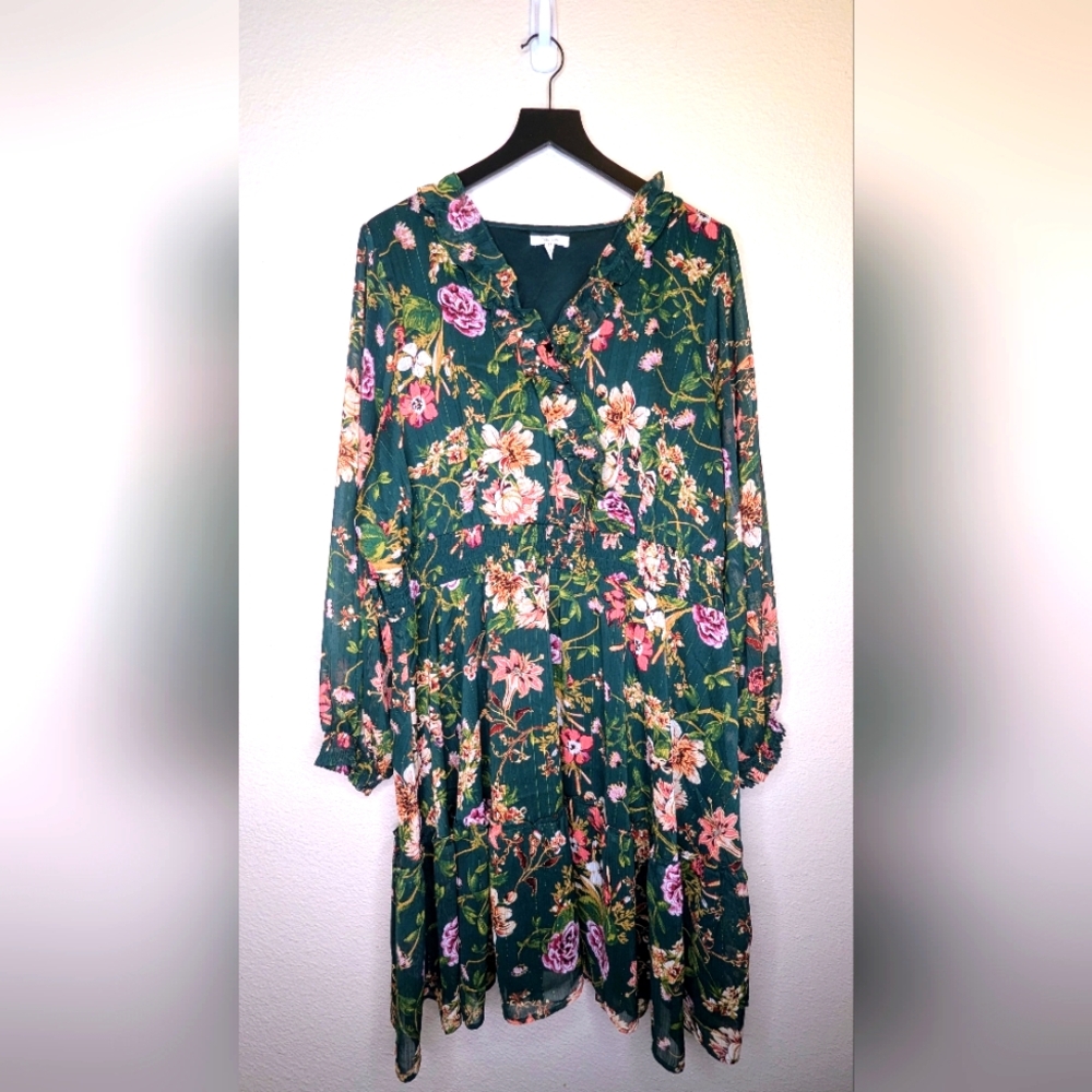 Green Floral Ruffle Trim Skater Dress